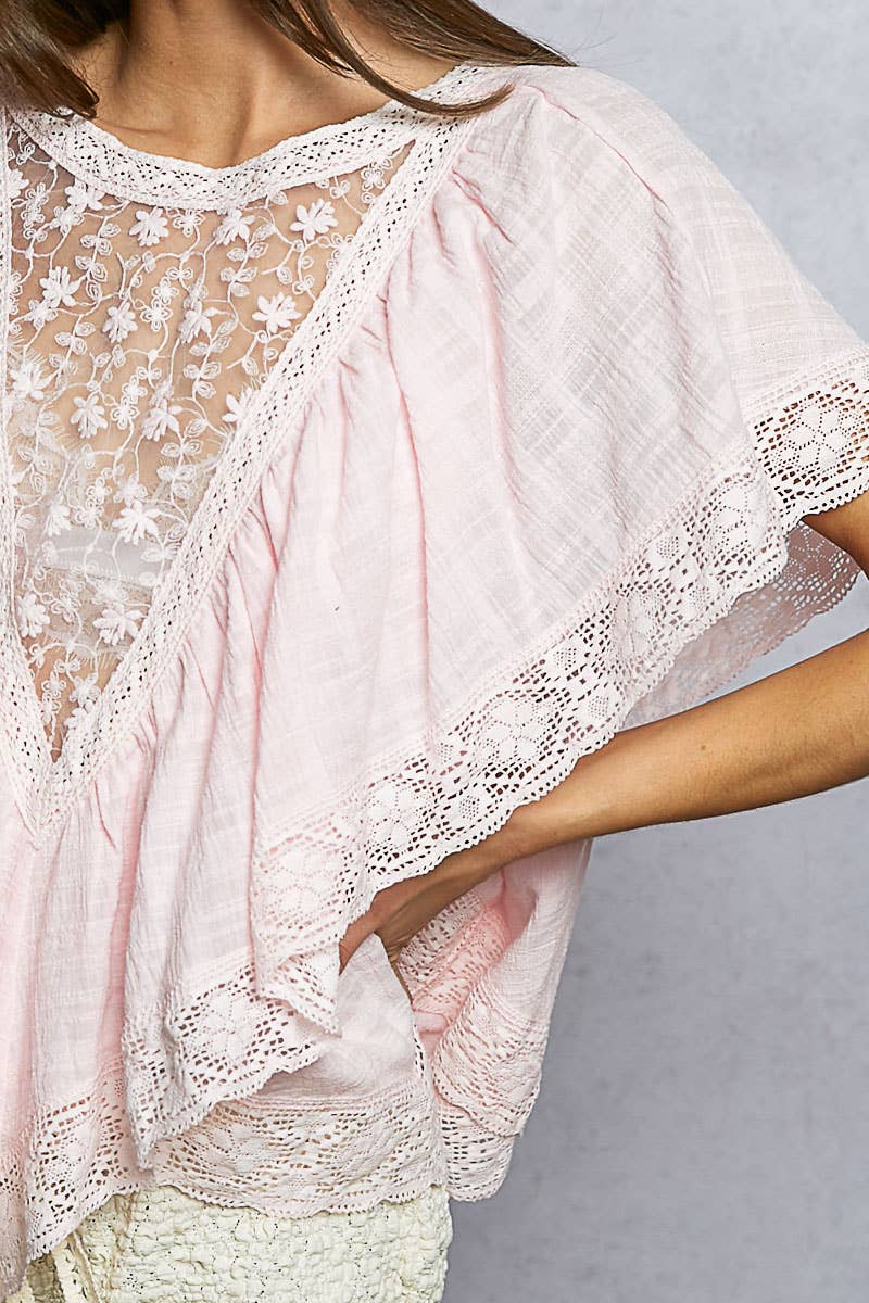 Lace Trim V Ruffle Detail Textured Woven Short Sleeve Top