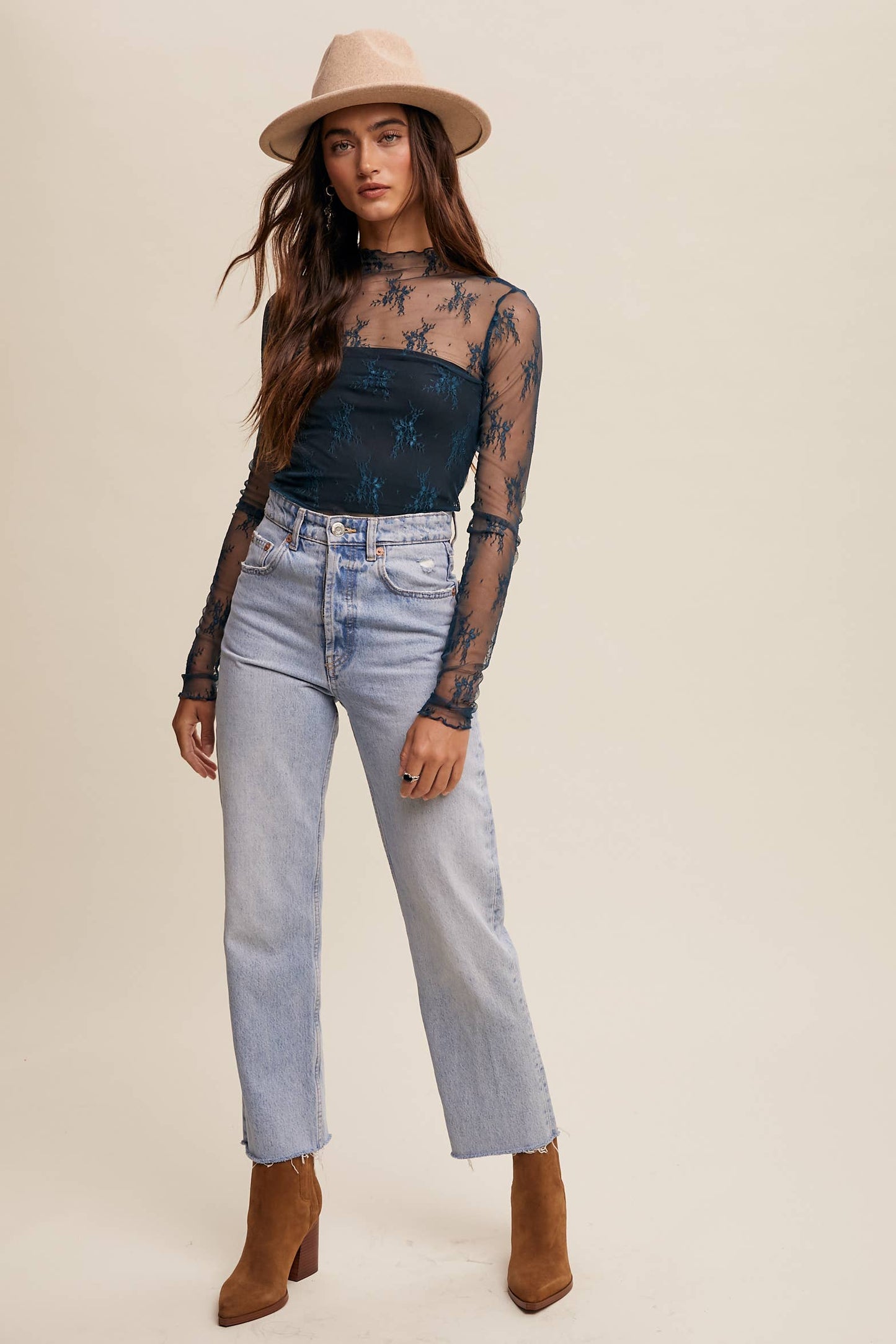 Sheer Lace Long-Sleeve Top
