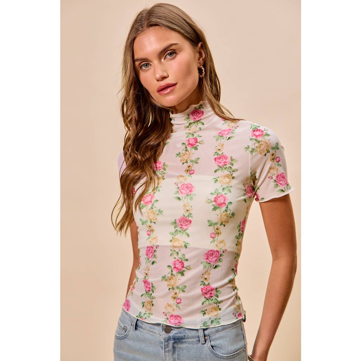 FLORAL ROSE PRINT SHORT SLEEVES MESH TOP