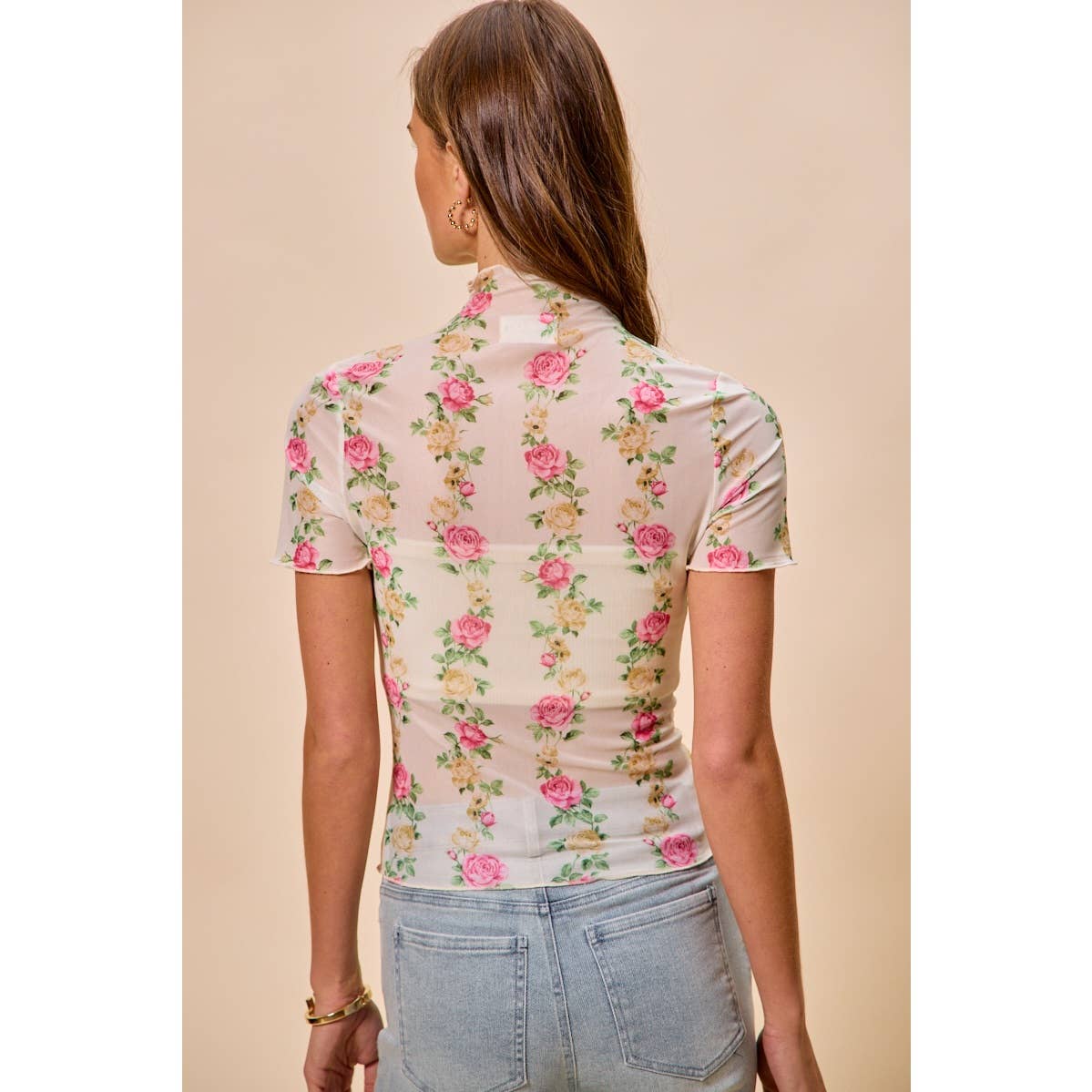 FLORAL ROSE PRINT SHORT SLEEVES MESH TOP