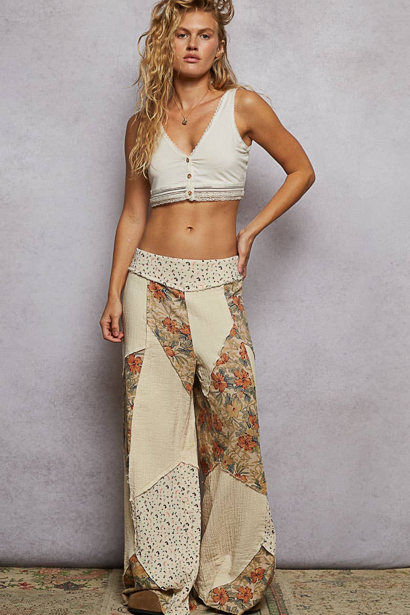 Double gauze varied printed patchwork woven pants