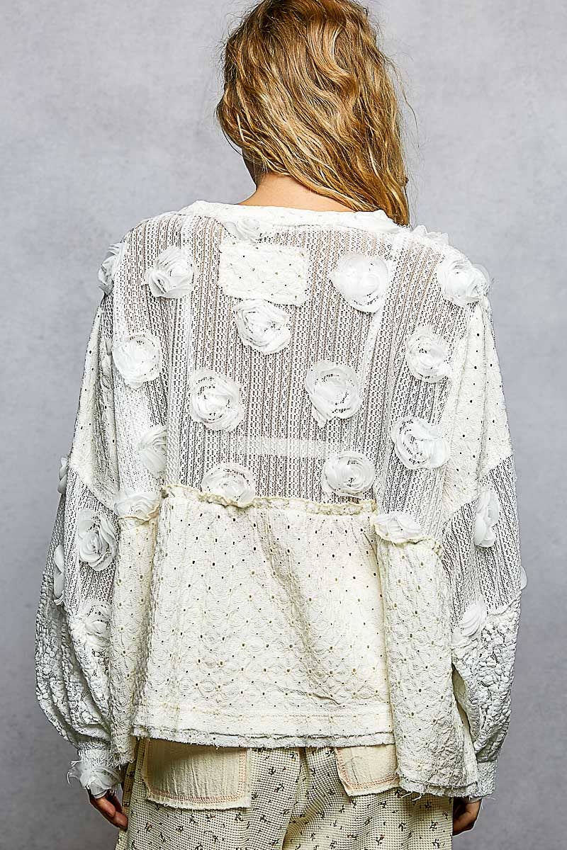 Eyelet Ruffle Balloon Sleeve Top