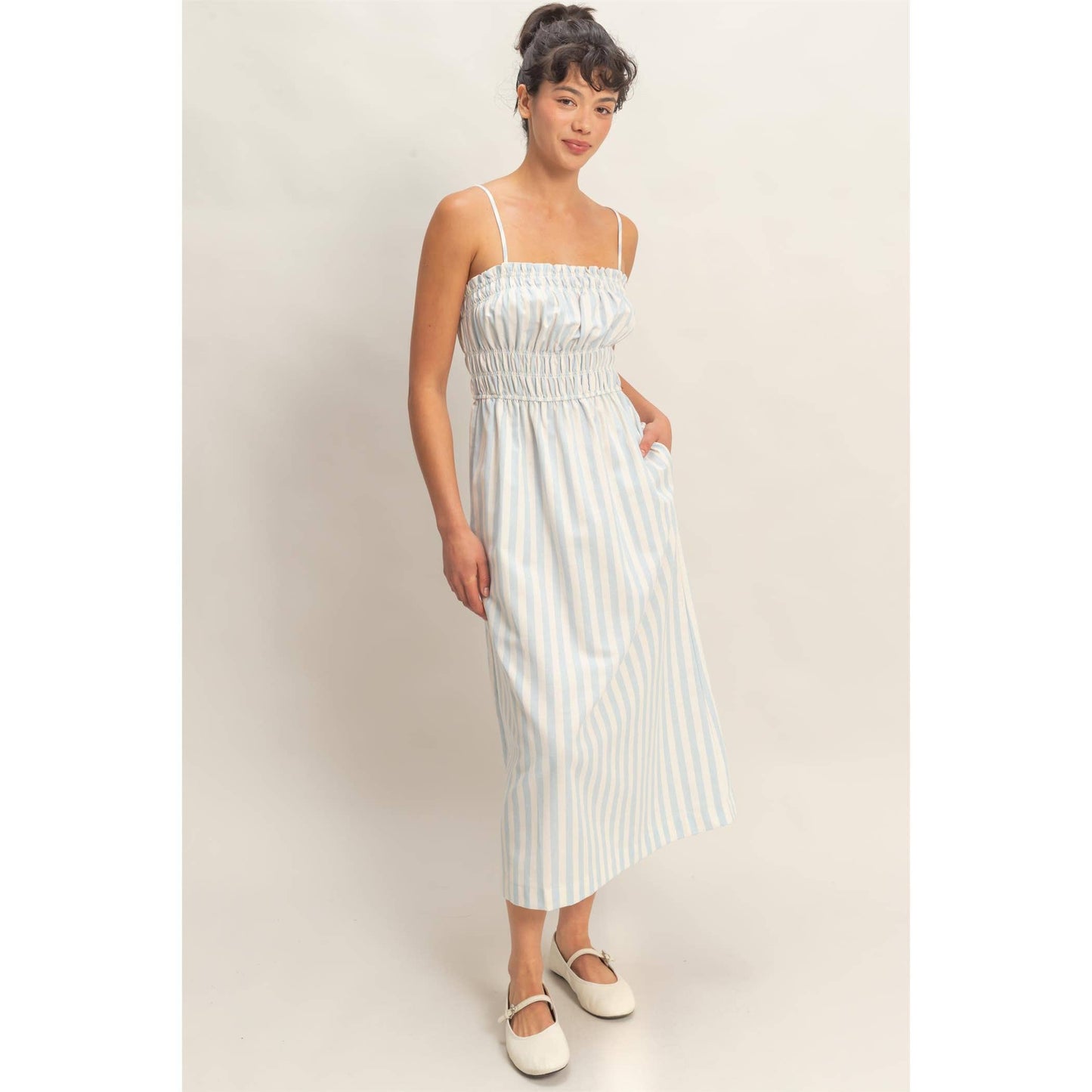 Striped Spaghetti Strap Smocking Midi Dress