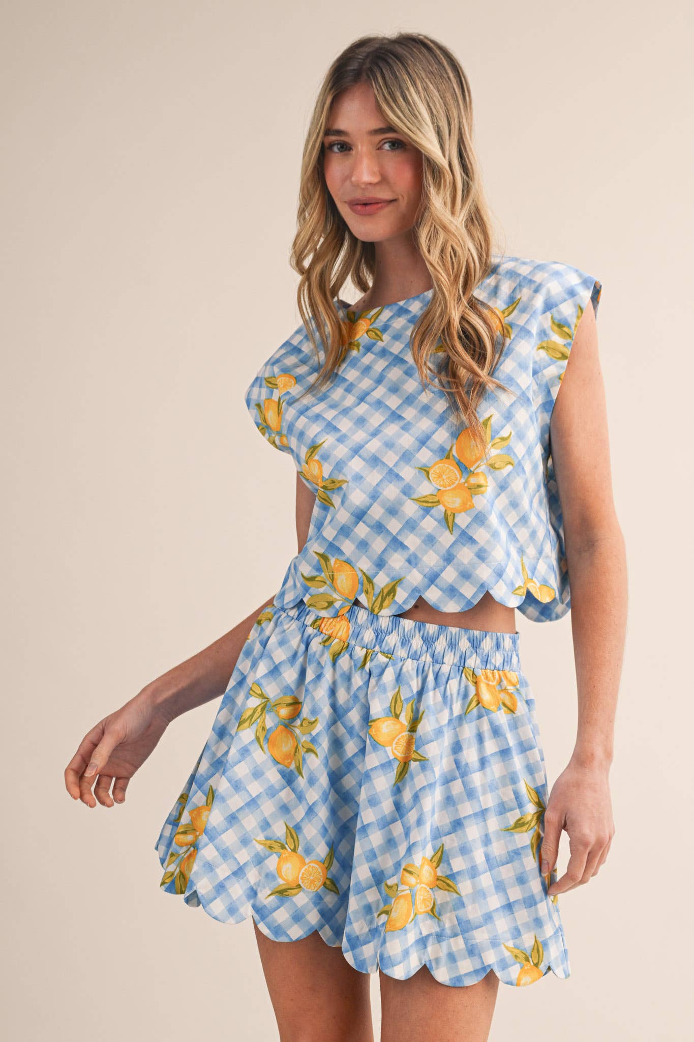 GINGHAM LEMON SCALLOPED TOP & MINI SKORT SET