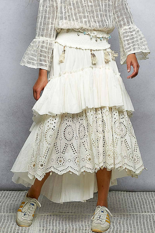 Eyelet Patch Reverse Ruffle Tassel Solid Maxi Skirt