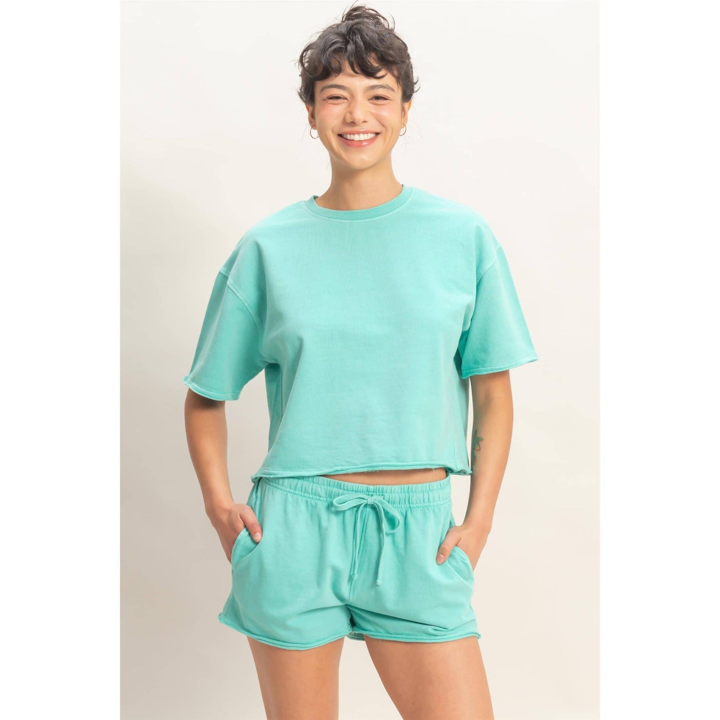 Short Sleeve Crew Neck Top And Shorts Set