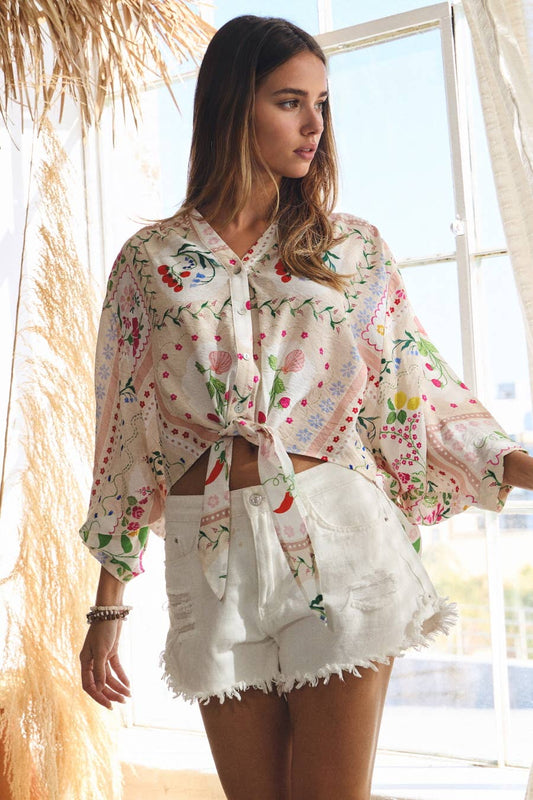 Cottage Core Printed Batwing Blouse