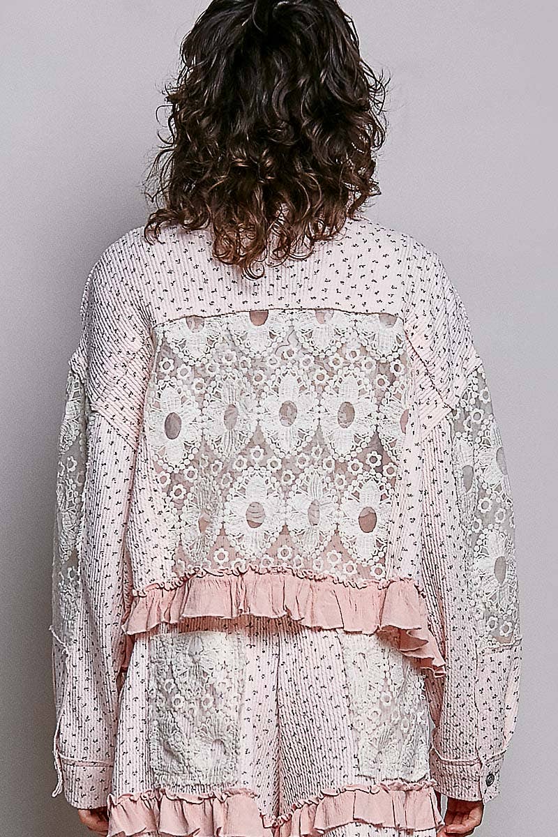 Floral Knit Balloon Sleeve Lace Patch Jacket Top