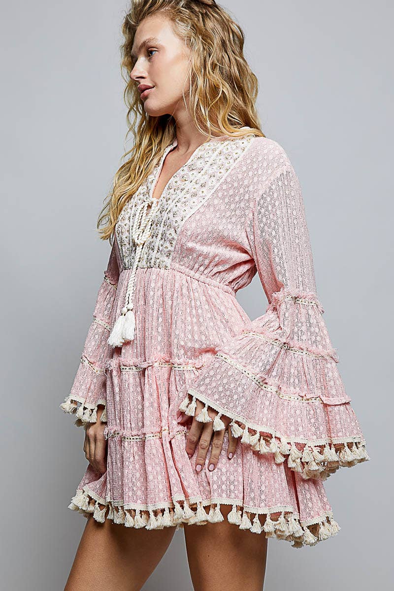Split Embroidery Tassel Detail V-Neck Flared Short Dress