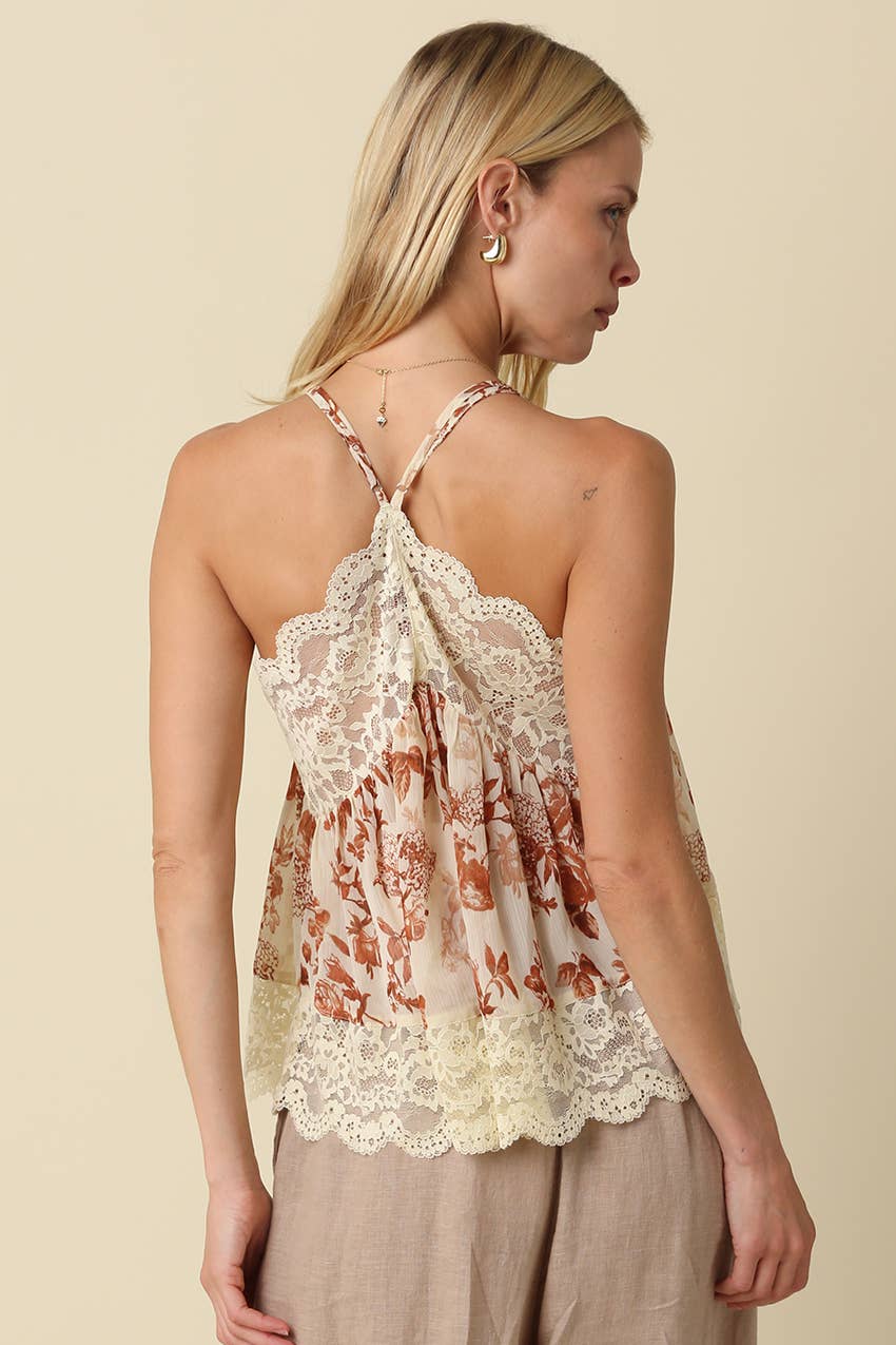 Sharon Print Lace Trim Cami Top