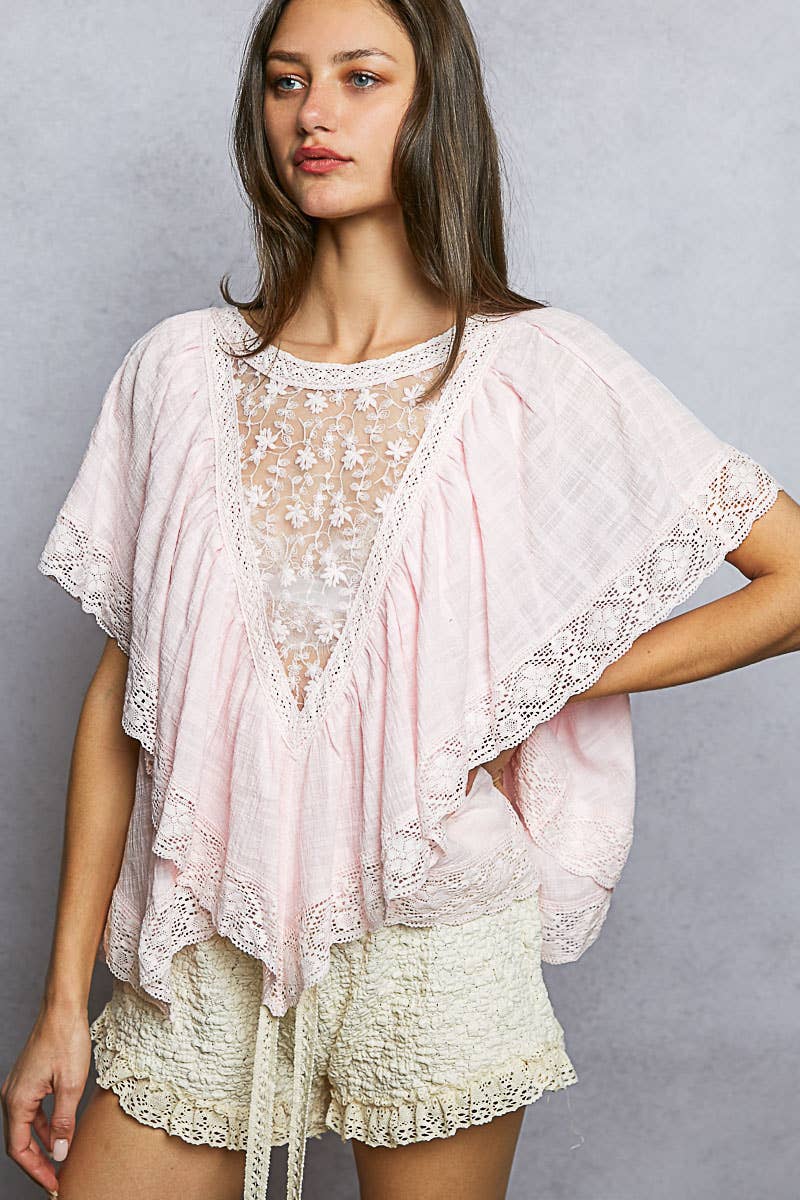 Lace Trim V Ruffle Detail Textured Woven Short Sleeve Top