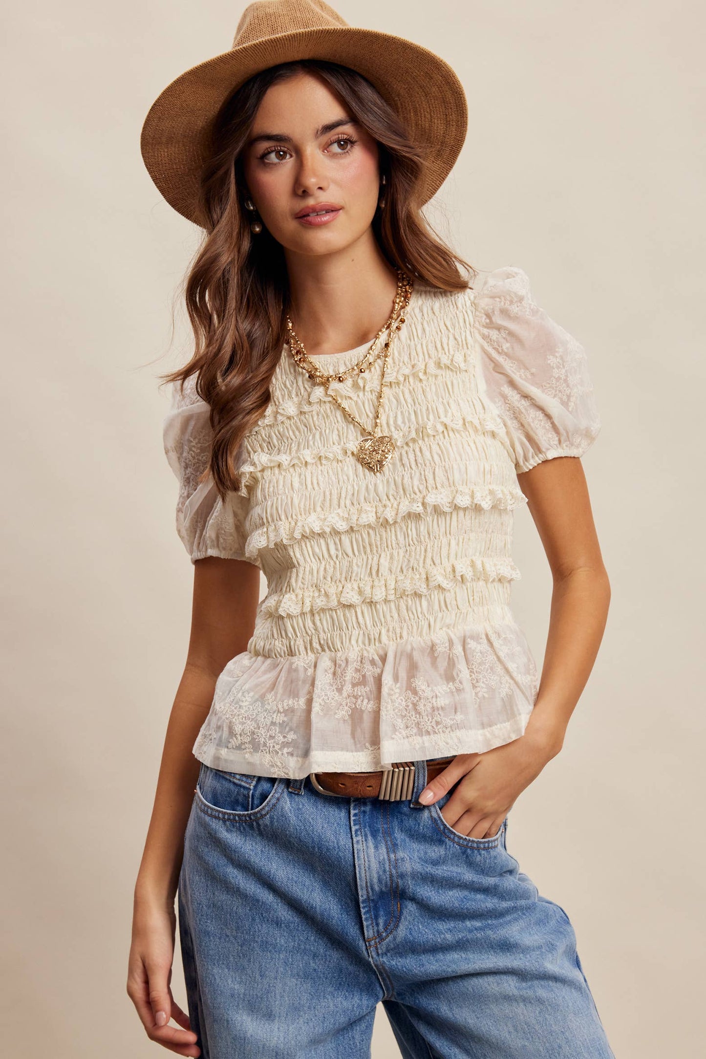 Smocked Lace Puff Sleeve Top