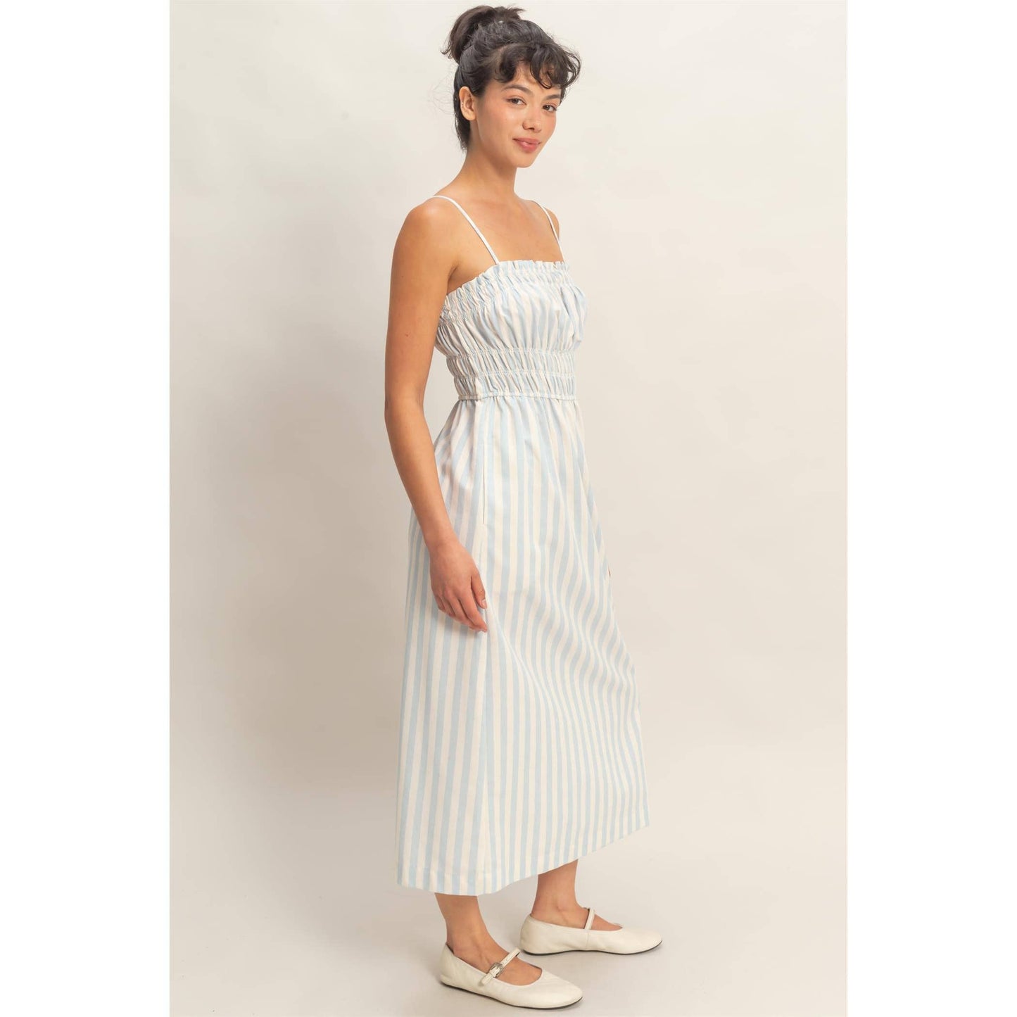 Striped Spaghetti Strap Smocking Midi Dress