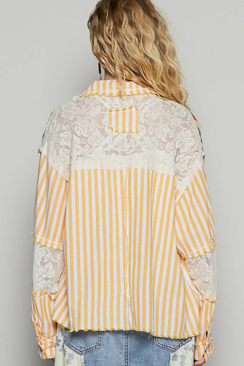 Balloon sleeve printed woven mixed denim shacket