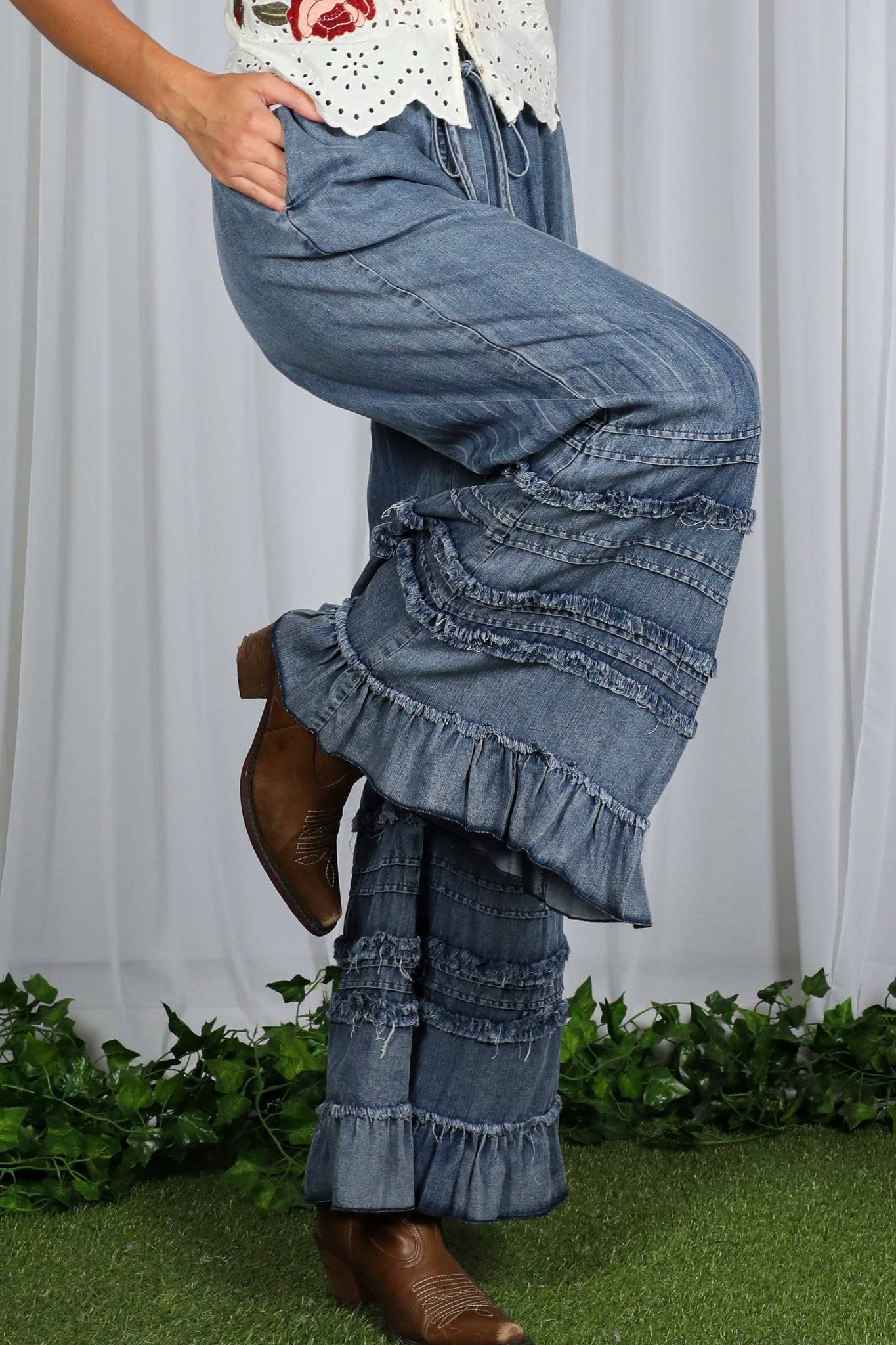 Flared Ruffle Hem Washed Chambray Crop Denim Pants