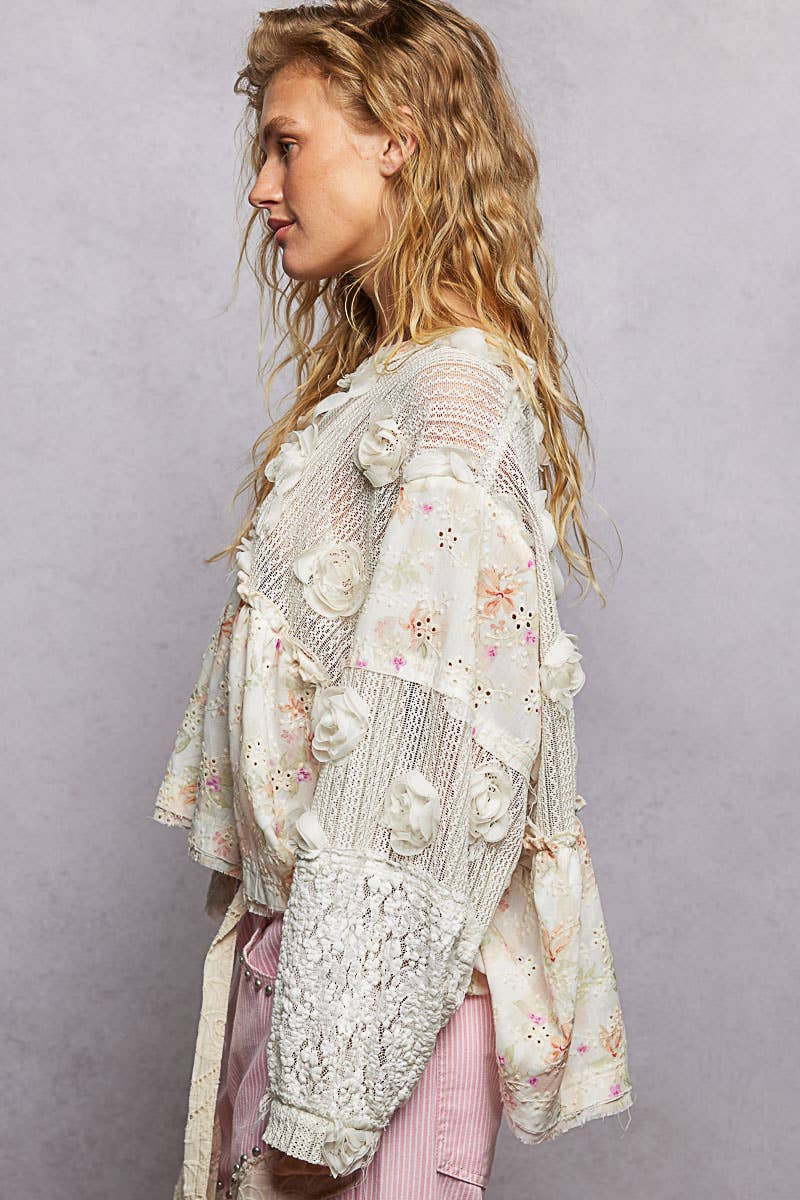 Eyelet Ruffle Balloon Sleeve Top