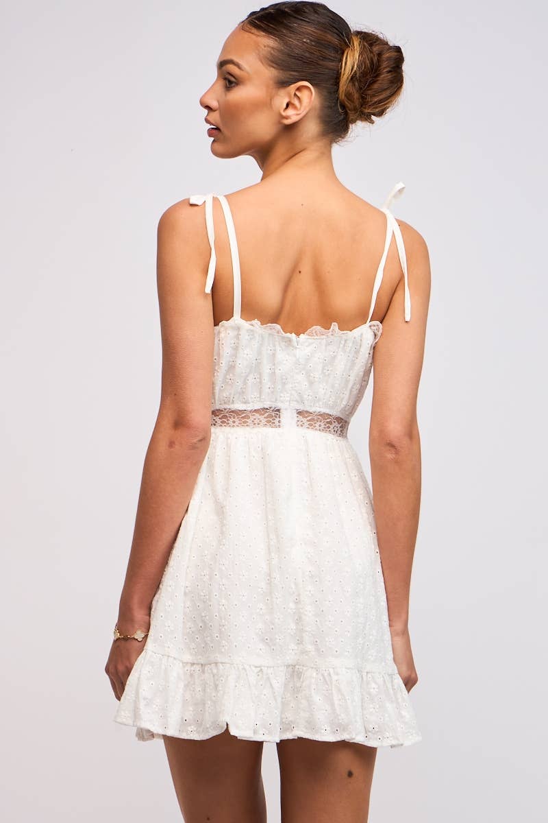 EYELET TIE STRAP SEE-THROUGH LACE TRIM MINI DRESS
