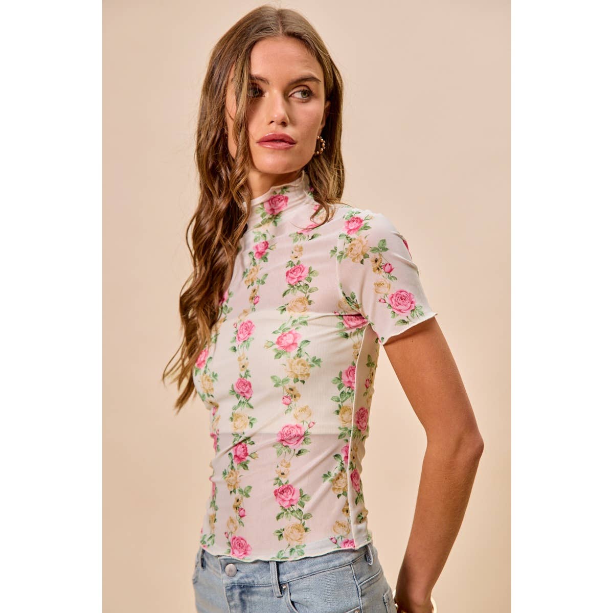 FLORAL ROSE PRINT SHORT SLEEVES MESH TOP