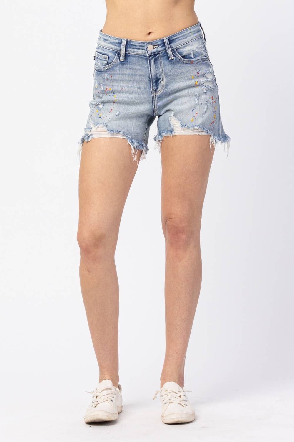 MID-RISE RAINBOW PAINT SPLASH CUTOFF SHORTS