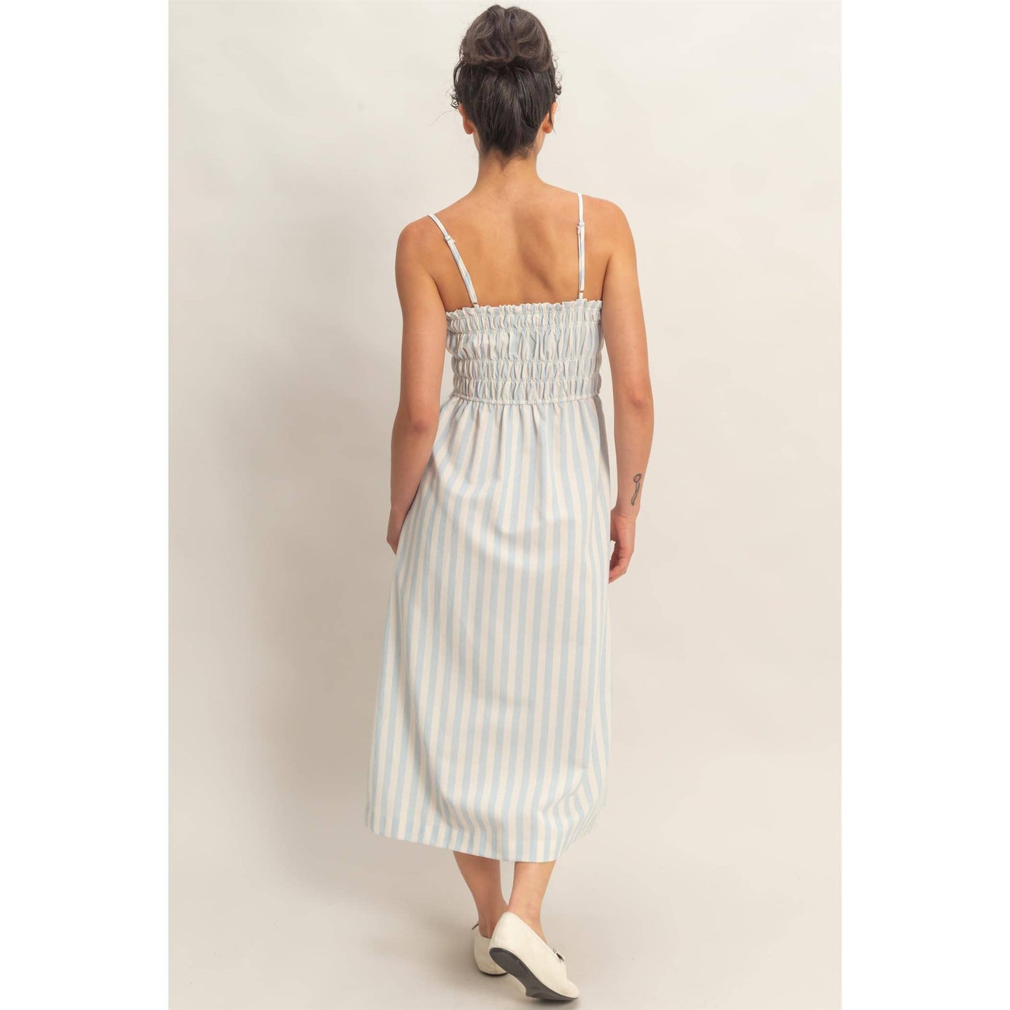 Striped Spaghetti Strap Smocking Midi Dress