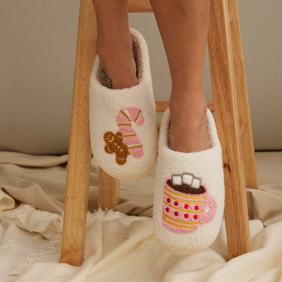 Sherpa Hot Cocoa Home Slippers | Gingerbread Holiday House Shoes