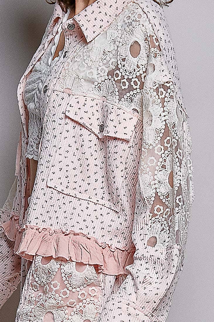 Floral Knit Balloon Sleeve Lace Patch Jacket Top