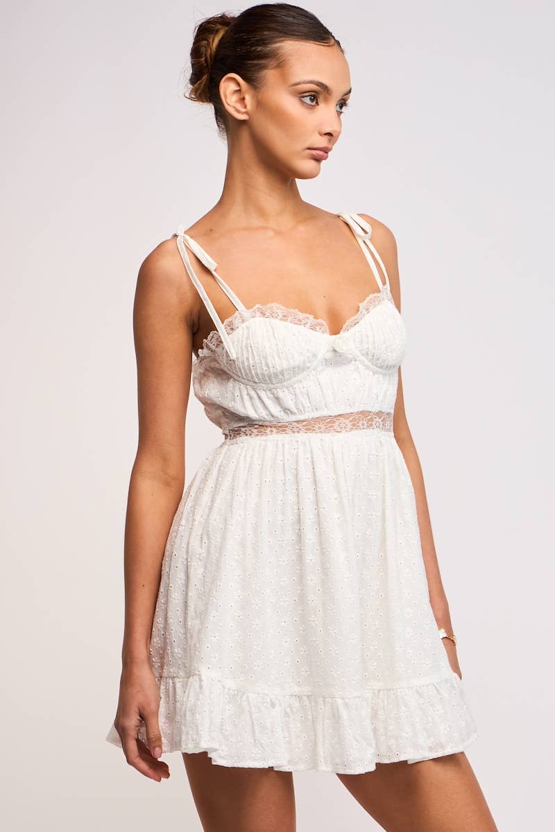 EYELET TIE STRAP SEE-THROUGH LACE TRIM MINI DRESS
