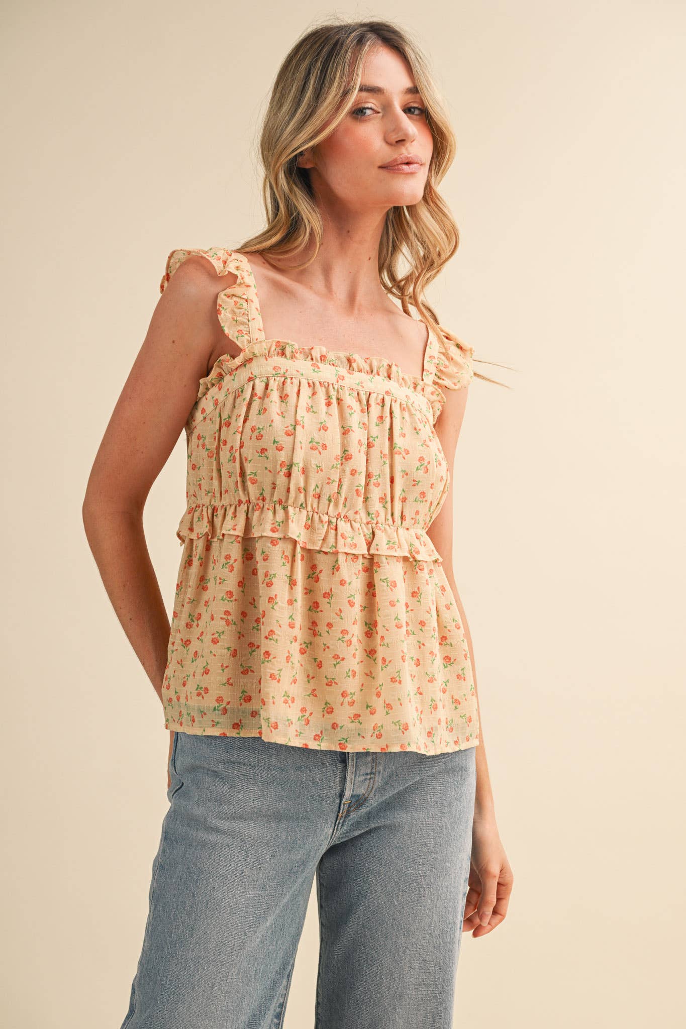FLORAL RUFFLE TRIM BABYDOLL TOP