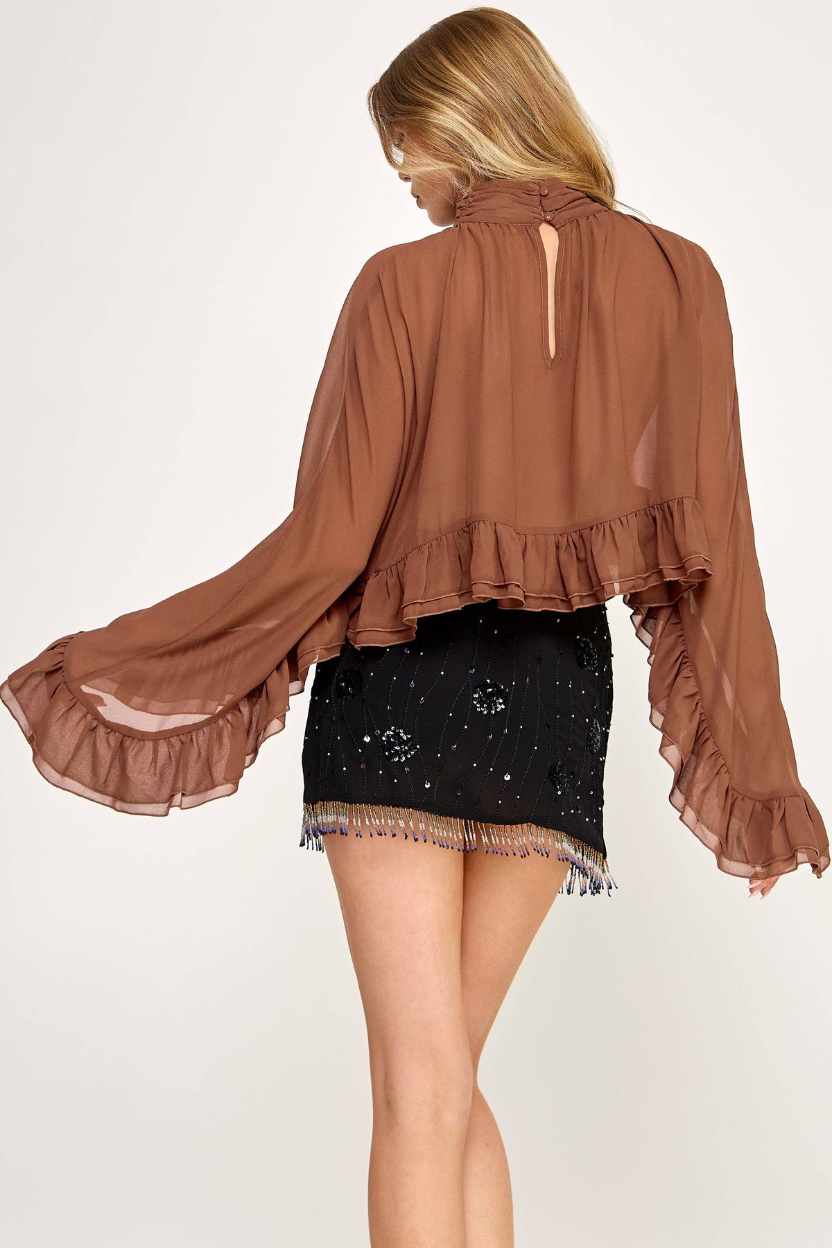 Chiffon Poncho Bell Sleeve Ruffle Crop Top