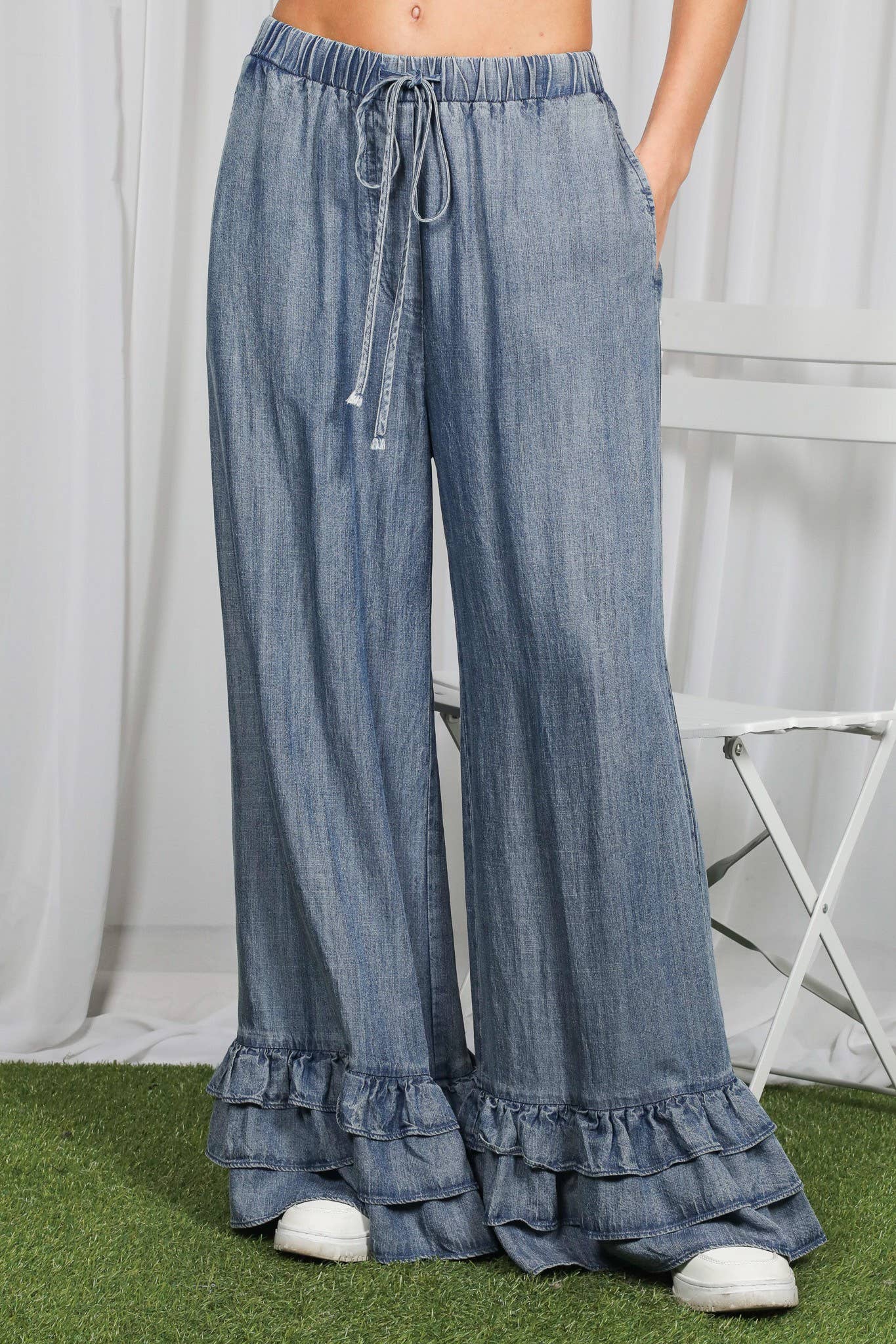 Casual Flared Ruffle Hem Chambray Washed Denim Pants