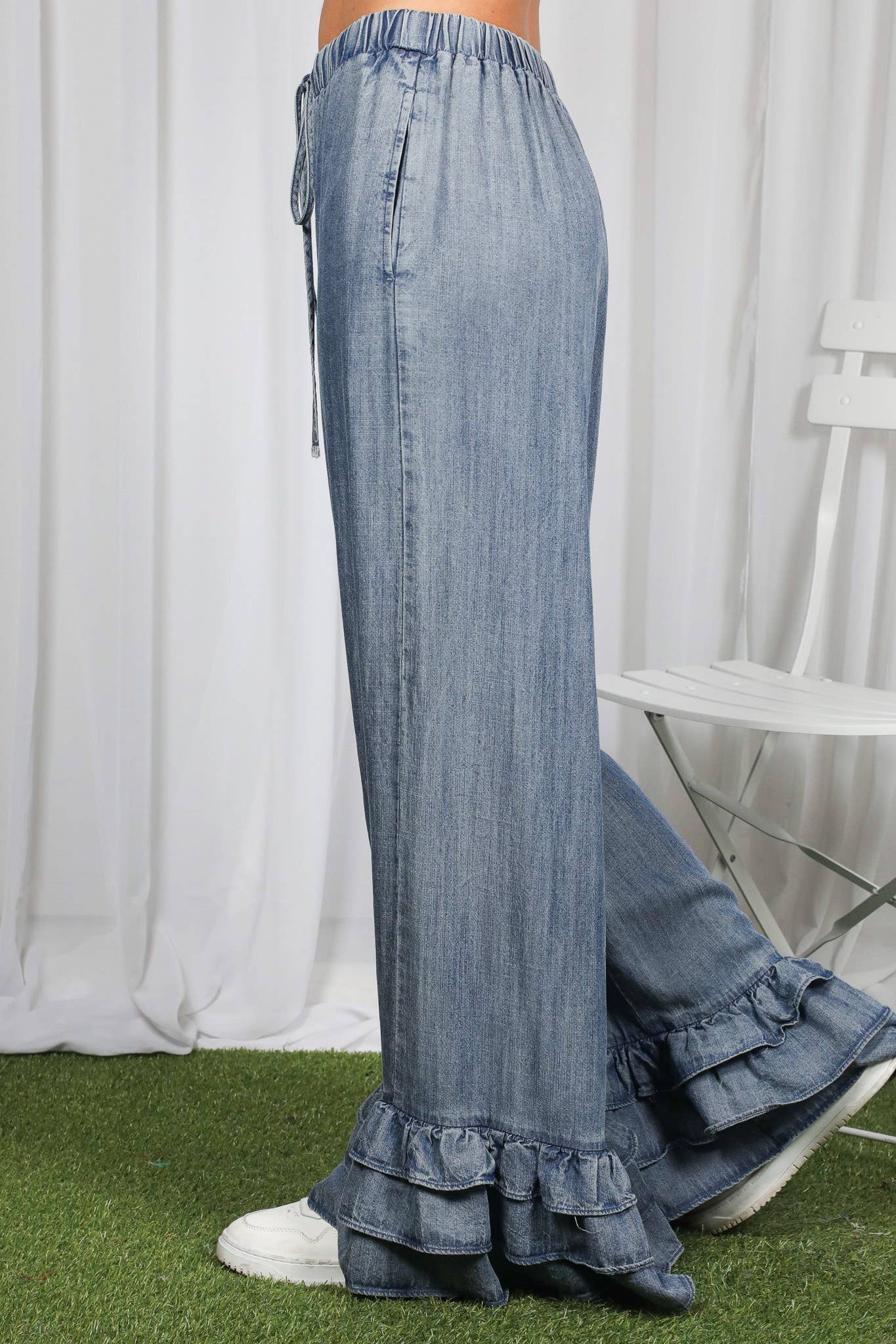 Casual Flared Ruffle Hem Chambray Washed Denim Pants