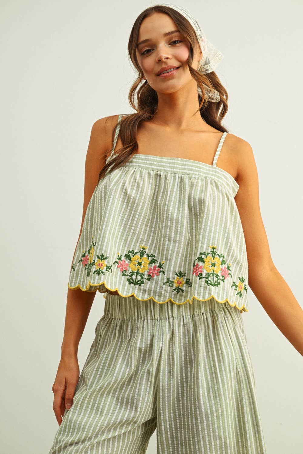 FLORAL EMBROIDERY WITH STRIPED TOP