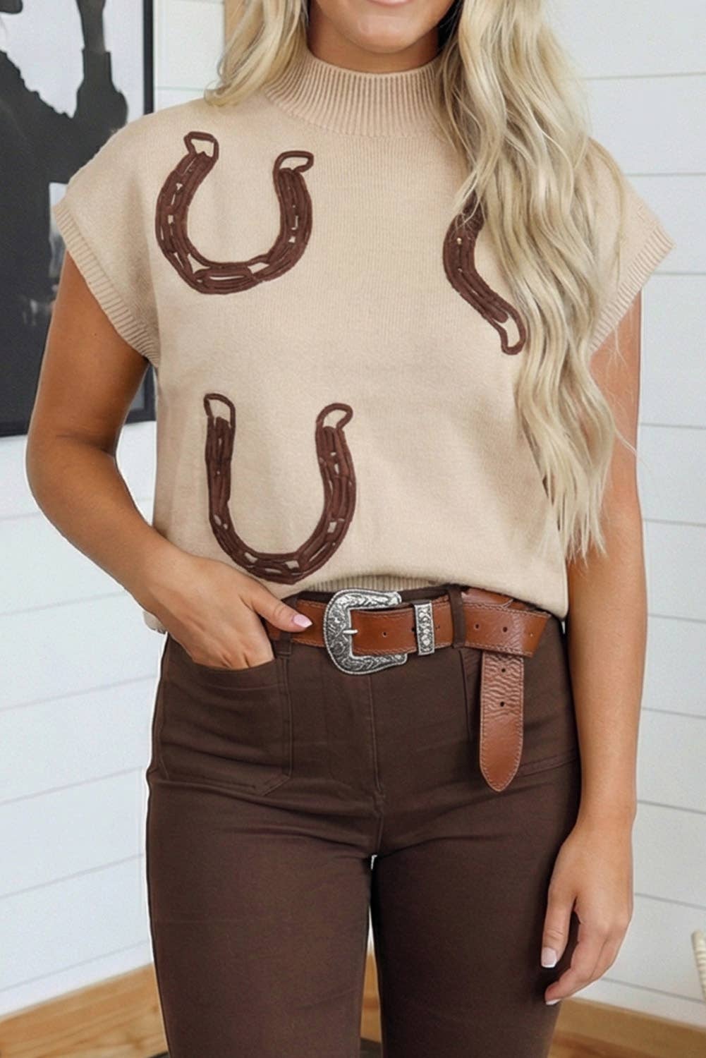 LAS Crochet Horseshoe Western Knit Sweater