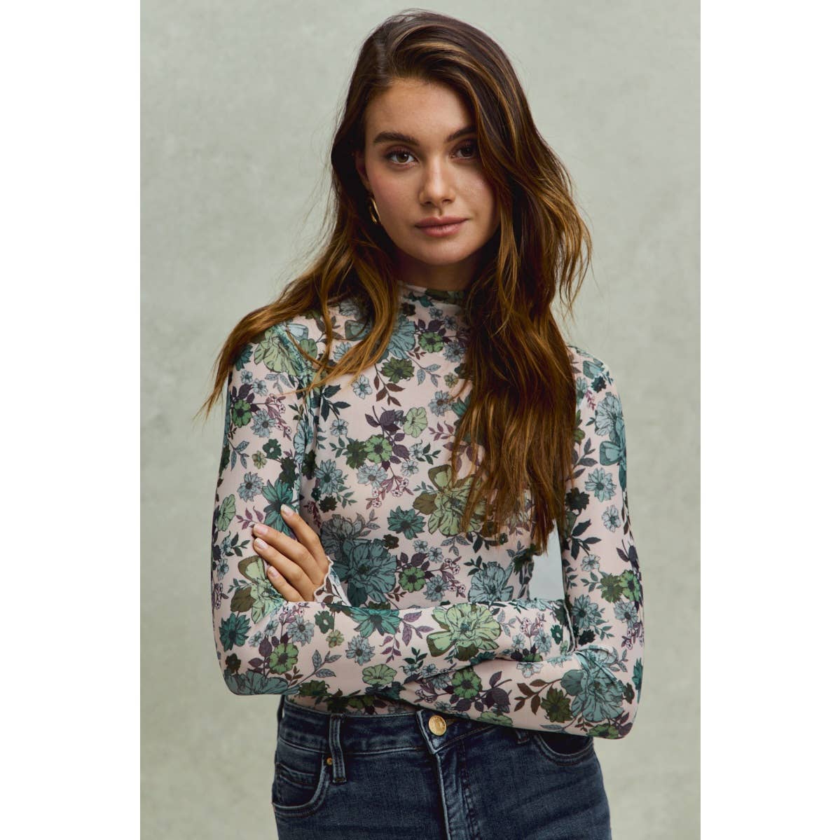 FLORAL PRINT MESH KNIT LONG SLEEVES TOP