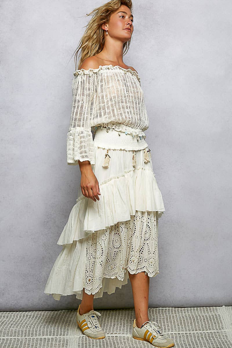 Eyelet Patch Reverse Ruffle Tassel Solid Maxi Skirt