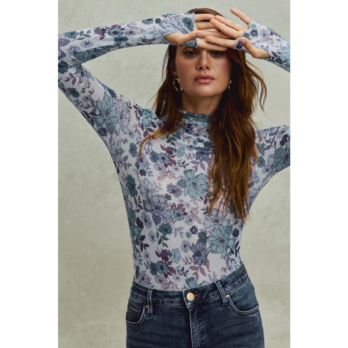 FLORAL PRINT MESH KNIT LONG SLEEVES TOP