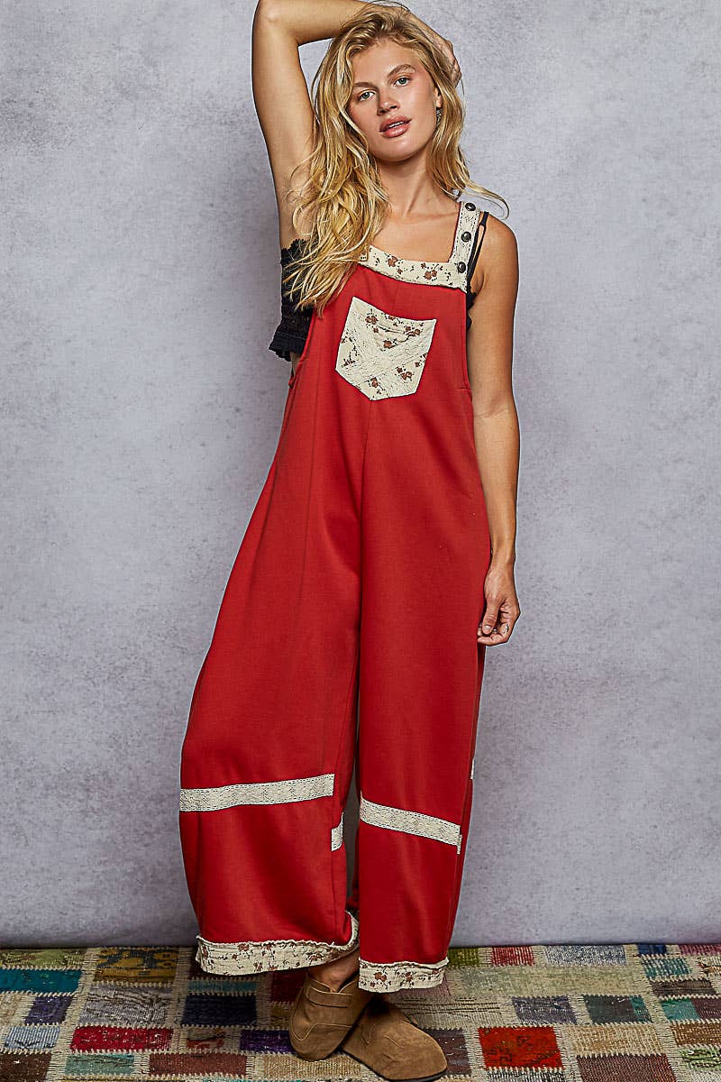 Vintage washing print patch solid French terry knit overalls