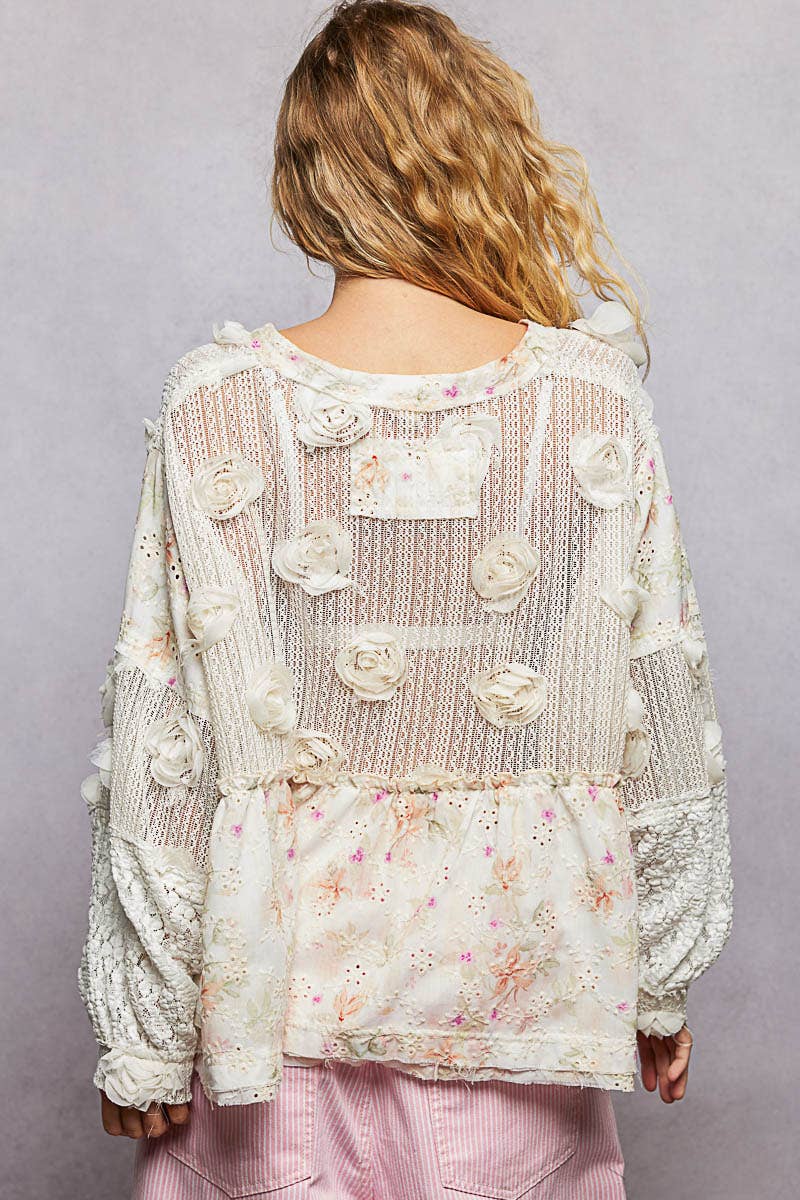 Eyelet Ruffle Balloon Sleeve Top
