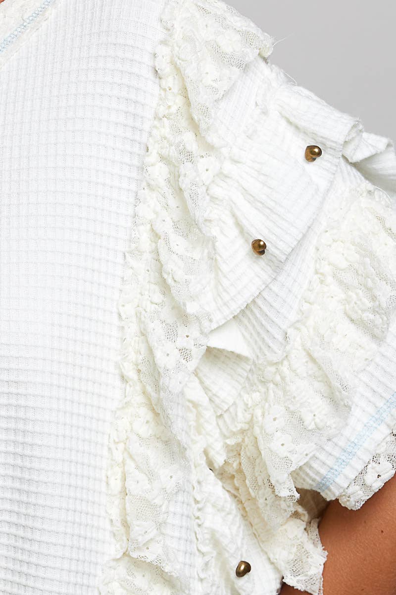 Textured Knit Ruffle Sleeve Lace Top