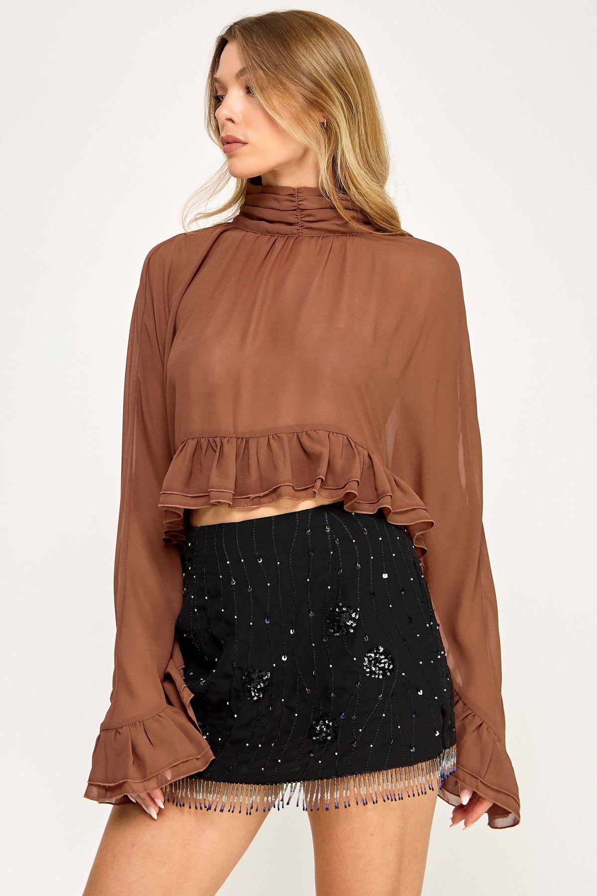 Chiffon Poncho Bell Sleeve Ruffle Crop Top