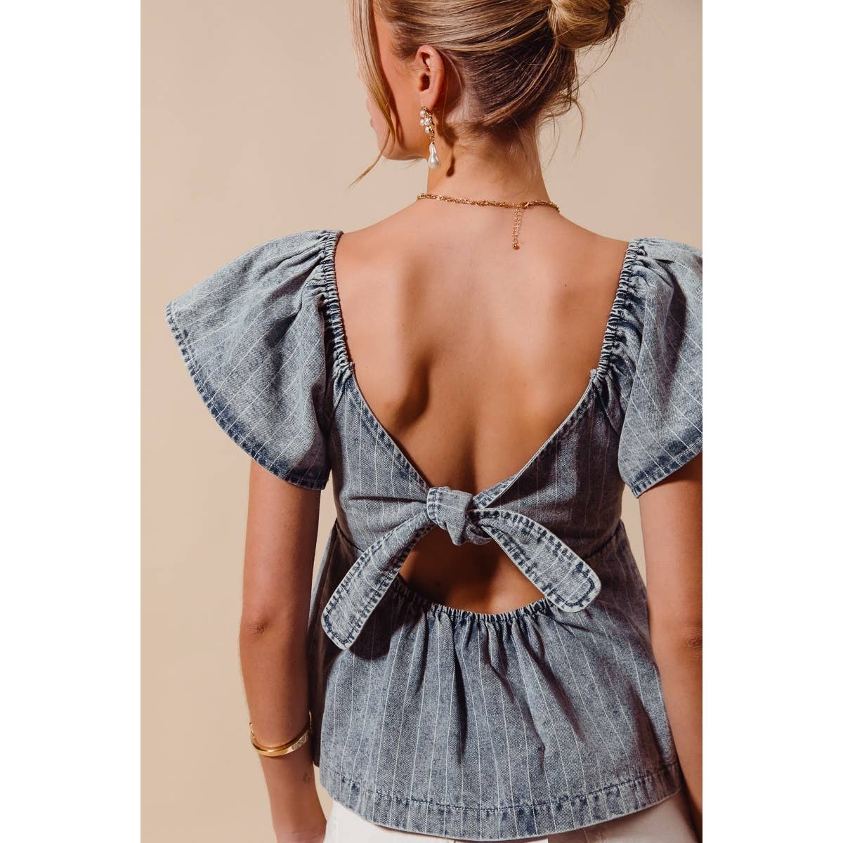 WASHED STRIPE DENIM BABYDOLL TOP