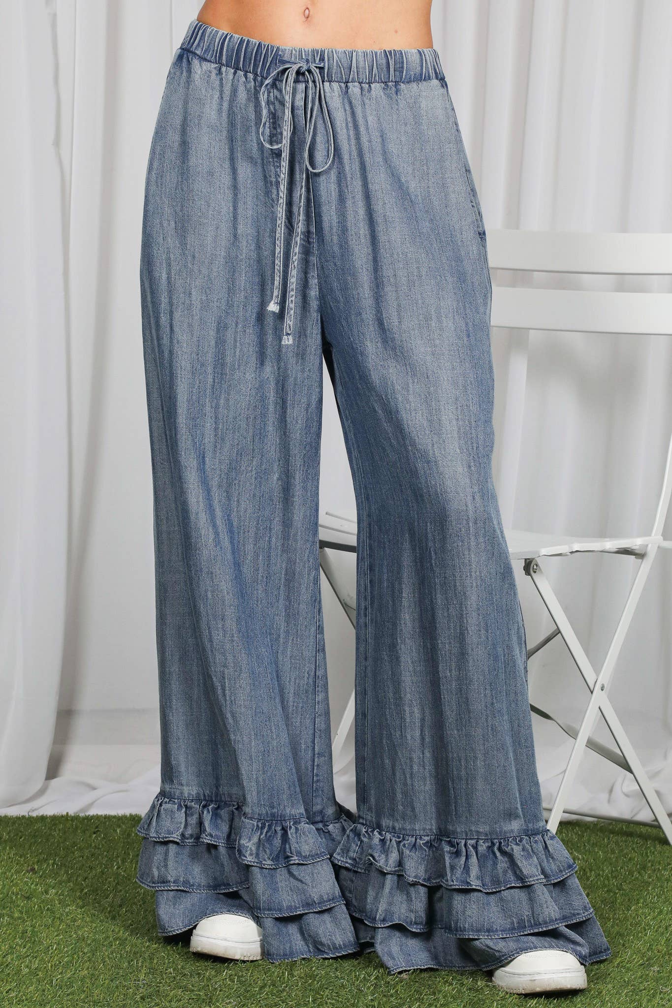 Casual Flared Ruffle Hem Chambray Washed Denim Pants