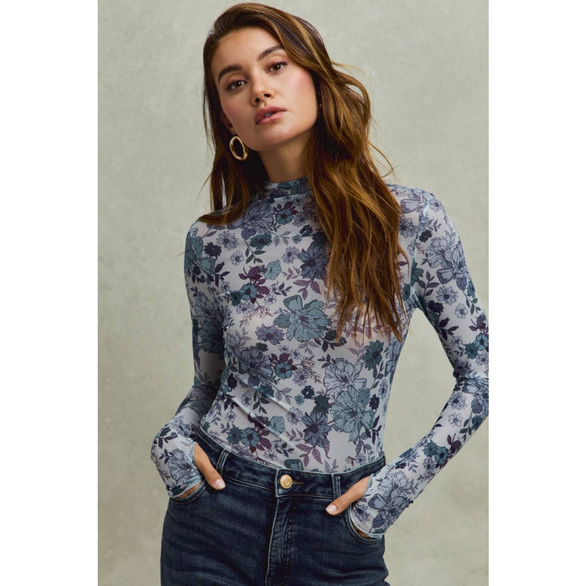 FLORAL PRINT MESH KNIT LONG SLEEVES TOP