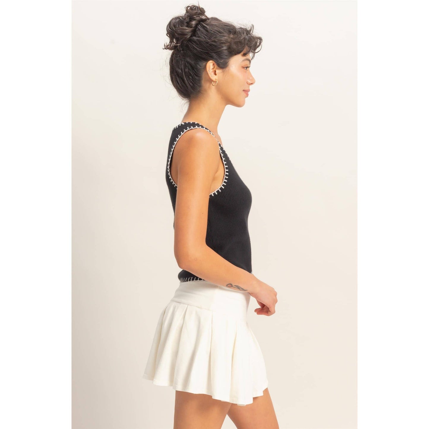 Ribbed Blanket Stitch Square Neck Tank Top