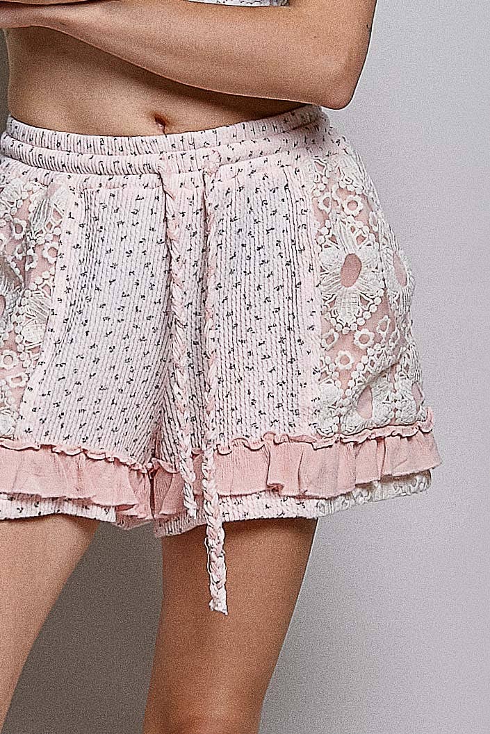Boho Floral Knit Waistband Lace Patch Ruffle Shorts