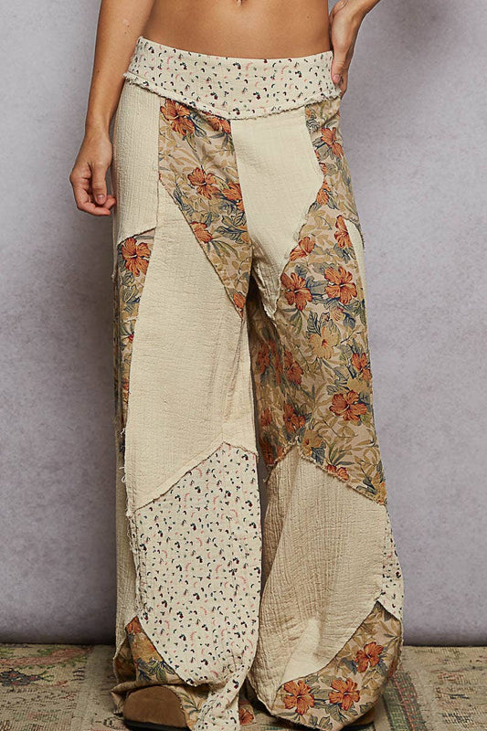Double gauze varied printed patchwork woven pants