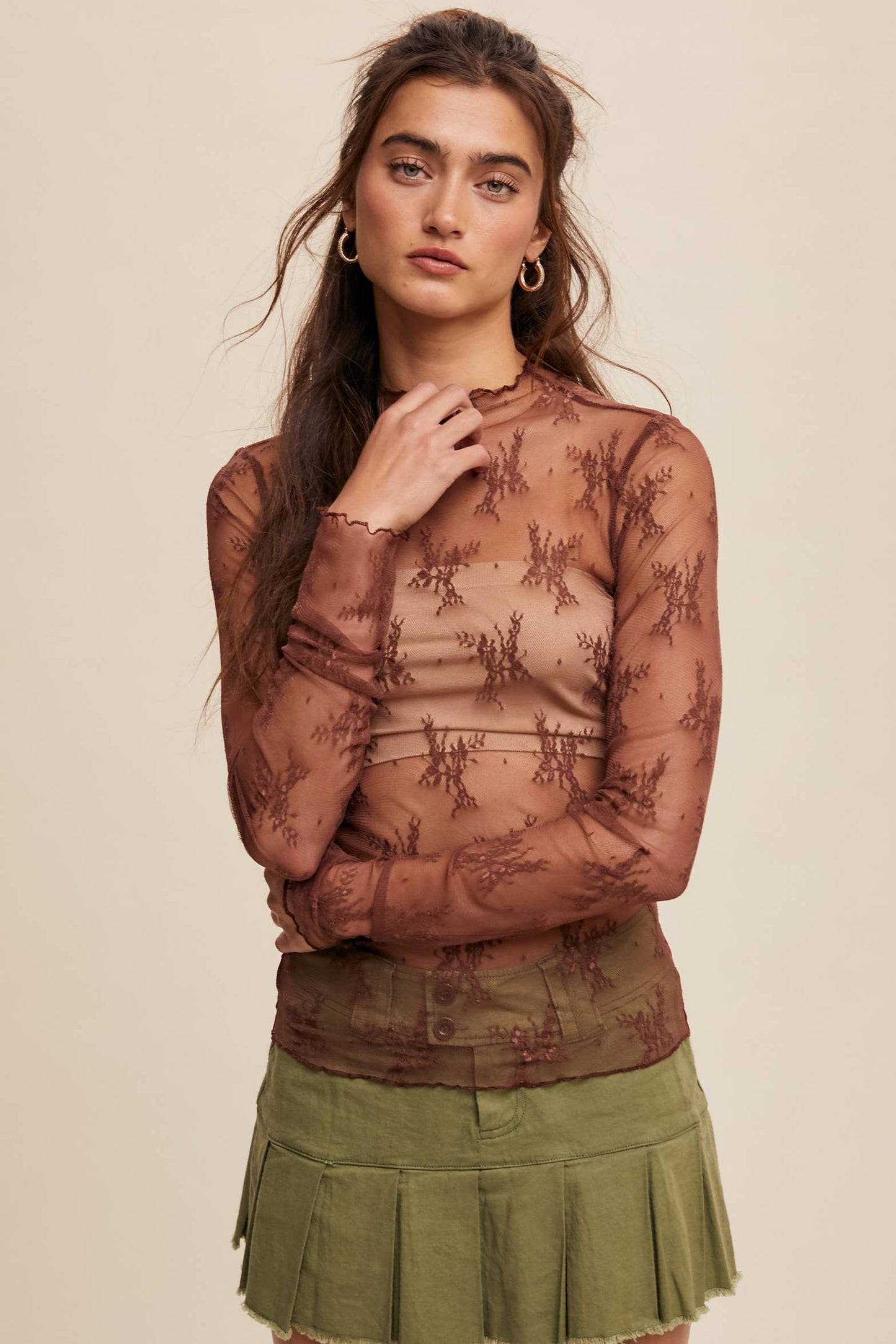 Sheer Lace Long-Sleeve Top