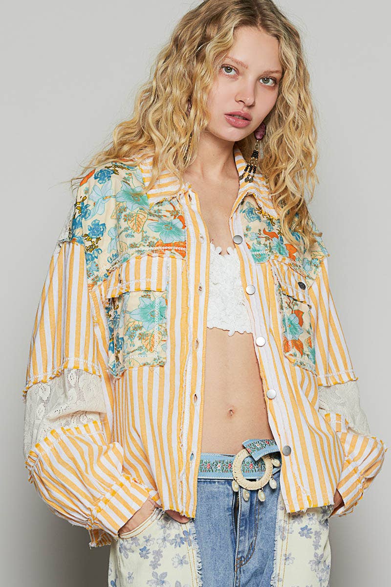 Balloon sleeve printed woven mixed denim shacket