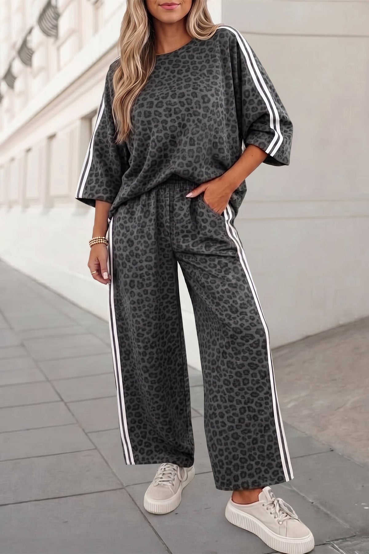 Leopard Print Striped Detail Crewneck Pants Set