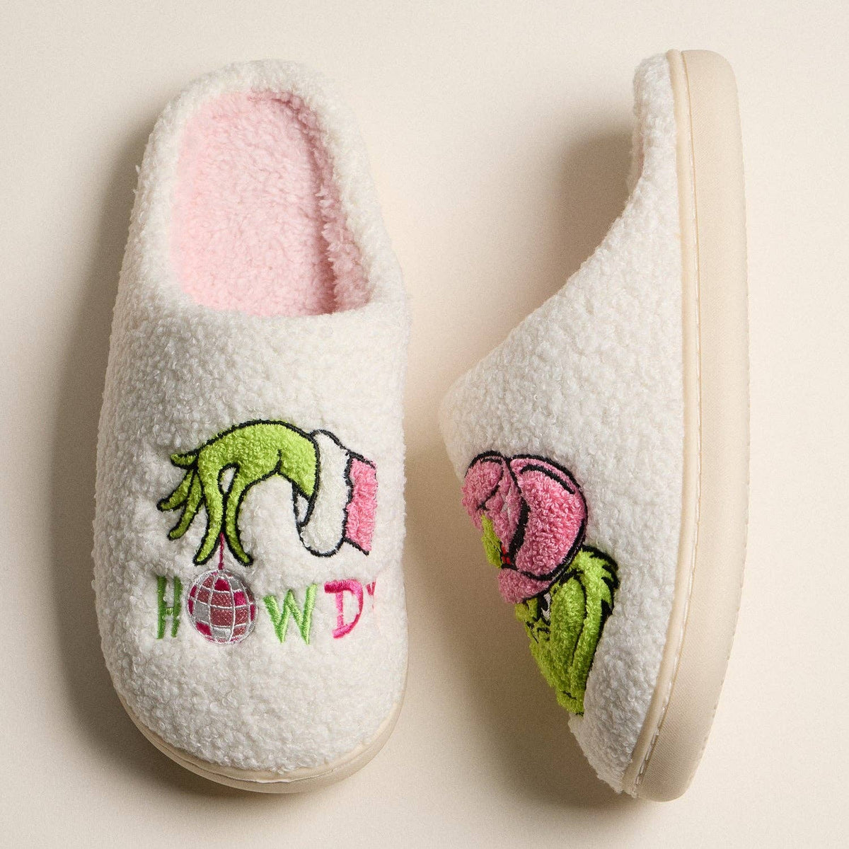 Sherpa Green Monster Howdy Slippers | Cowboy Holiday Home Slippers